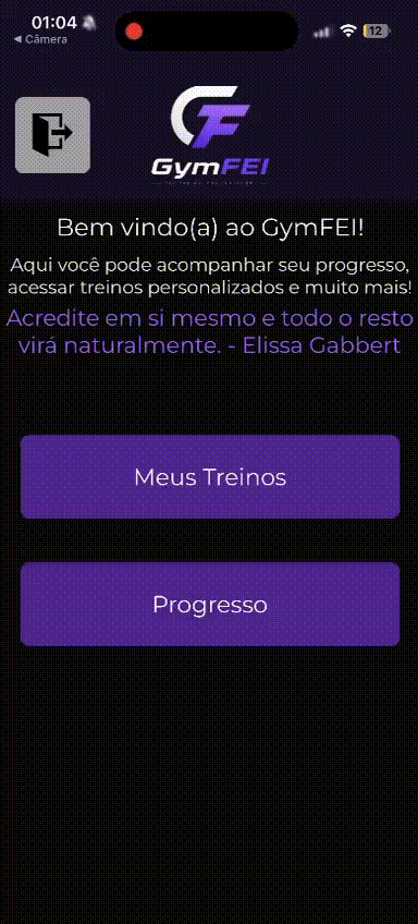 Gravação de tela do GymFEI mostrando o aluno abrindo o treino e começando a execução.