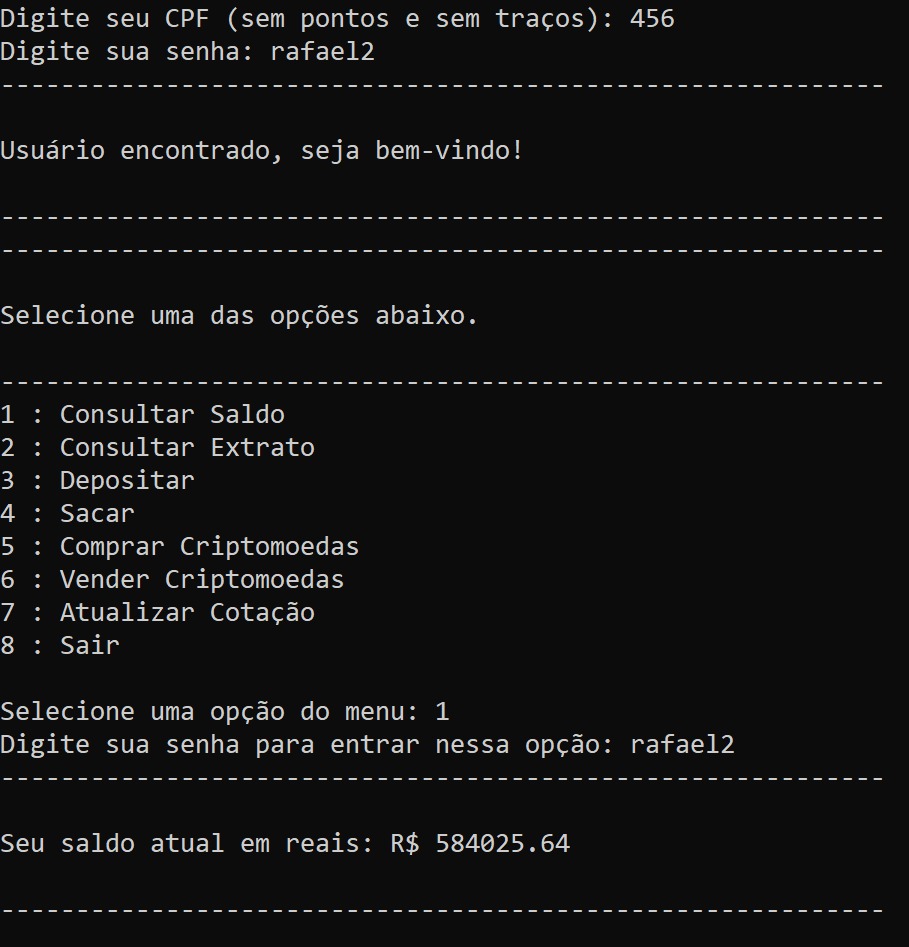 Terminal da Exchange em Python: login por CPF e senha, menu com oito opções e a consulta de saldo em reais.