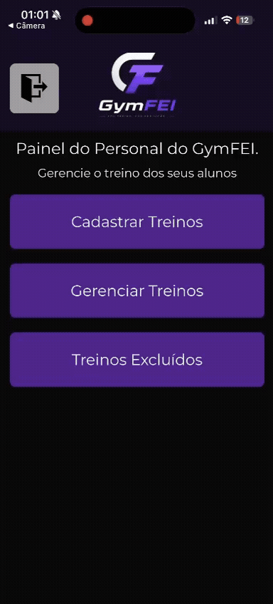 Gravação de tela do GymFEI mostrando o personal criando e organizando um treino no aplicativo.