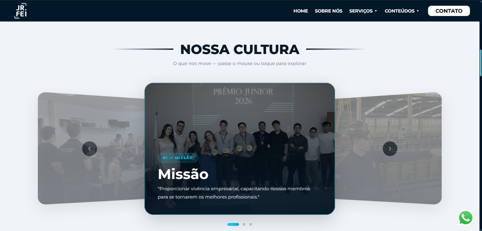 Seção Nossa Cultura do site da Jr.FEI, com um carrossel de cartões apresentando a missão da empresa sobre fotos da equipe.