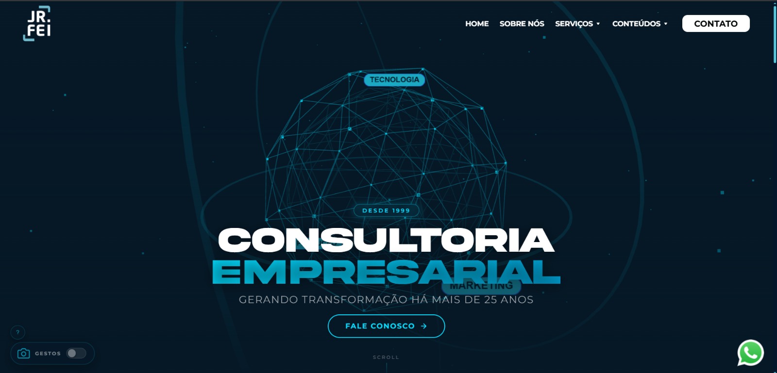 Home do site da Jr.FEI, com o título Consultoria Empresarial sobre um fundo escuro em rede e o botão Fale conosco.