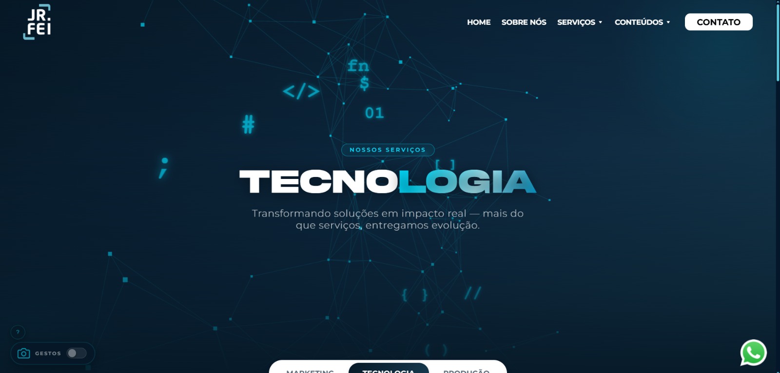 Página de serviços do site da Jr.FEI mostrando a abertura da área de Tecnologia, com abas para Marketing, Tecnologia e Produção.