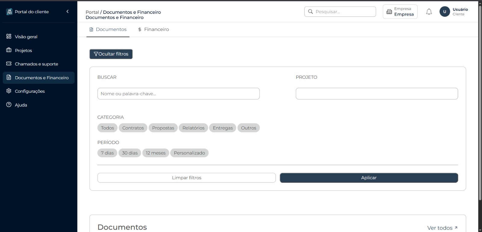 Tela de documentos e financeiro do Portal do Cliente, com filtros de busca, projeto, categoria e período.